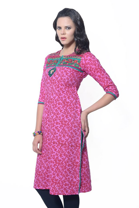 Pink Cotton Long tunic with Embroidered Yoke