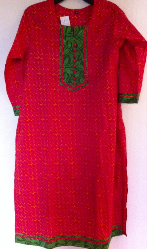 Pink Cotton Long tunic with Green Yoke