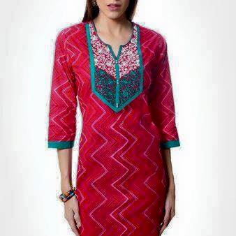 Pink Long Tunic with green embroidered yoke