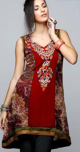 Red High and Low Tunic with embroidered Yoke