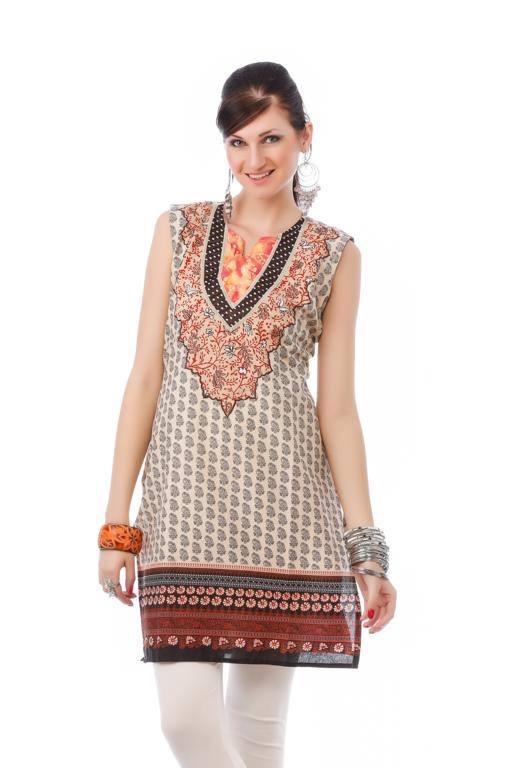 Beige Tunic with Embroidered Yoke and attached sleeves