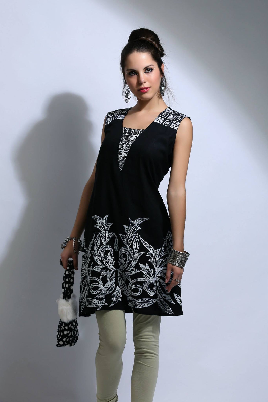 Black Cotton Tunic with Printed embroidery