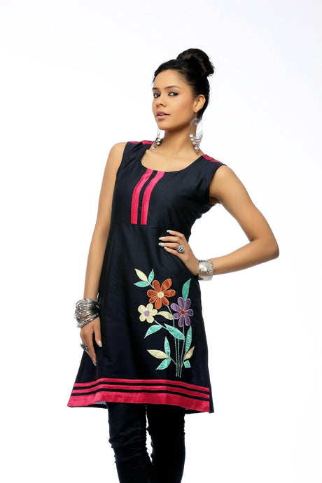 Black tunic with satin Patch embroidery on border with short sleeves stitched to the Tunic.